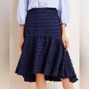 Anthropologie Maeve‎ Women’s Textured Quirky Fringe Feminine Midi Skirt Navy XS